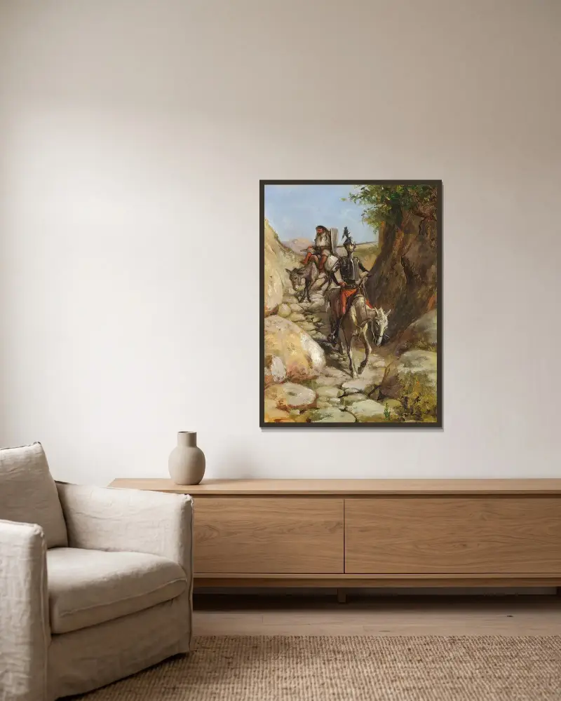 Don Quijote und Sancho Panza kehren von den schwarzen Bergen zurück von Wilhelm Marstrand gerahmt an einer Wand