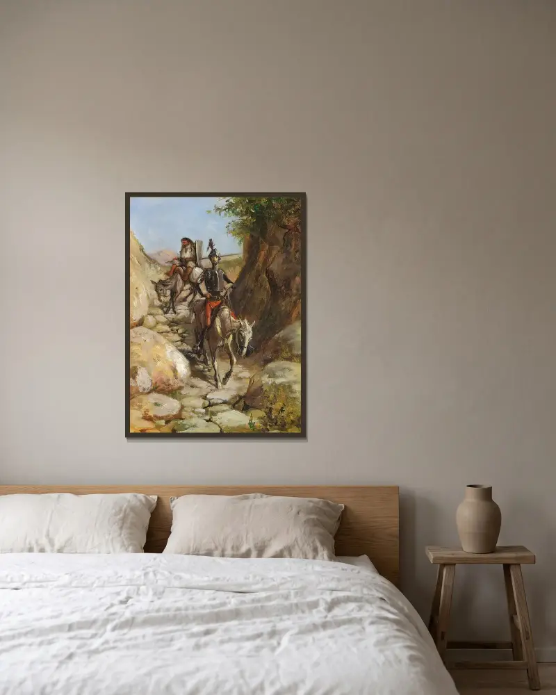 Don Quijote und Sancho Panza kehren von den schwarzen Bergen zurück von Wilhelm Marstrand gerahmt an einer Wand