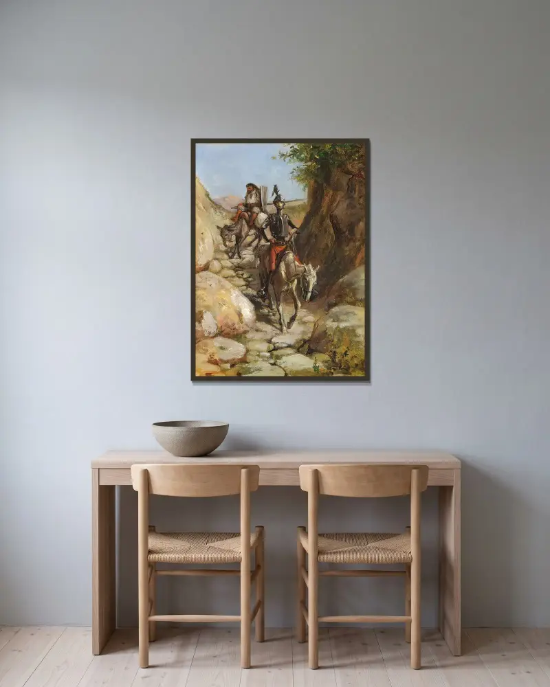 Don Quijote und Sancho Panza kehren von den schwarzen Bergen zurück von Wilhelm Marstrand gerahmt an einer Wand