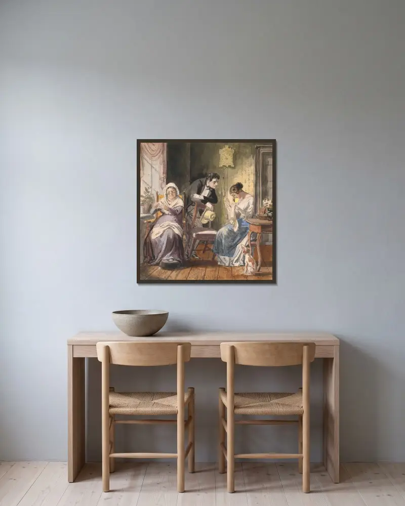 Ein Besuch (Ein Besuch aus dem Alltagsleben) von Wilhelm Marstrand gerahmt an einer Wand