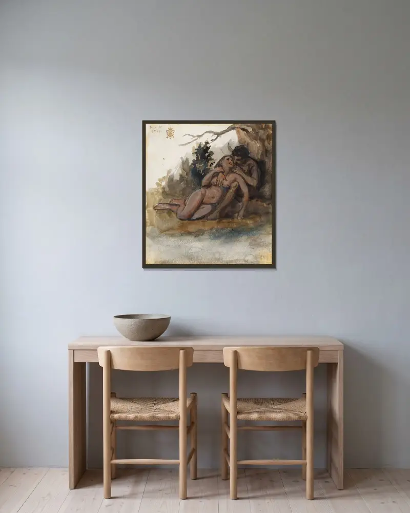 Ett naket par vid ett träd av Wilhelm Marstrand inramad på en vägg