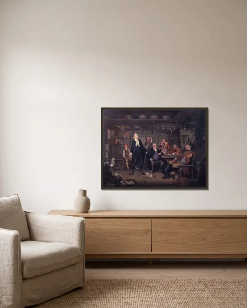 Aus Ludwig Holbergs „Erasmus Montanus“, 3. Akt, 3. Szene von Wilhelm Marstrand gerahmt an einer Wand