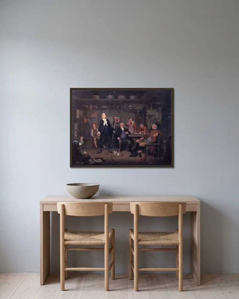 Aus Ludwig Holbergs „Erasmus Montanus“, 3. Akt, 3. Szene von Wilhelm Marstrand gerahmt an einer Wand