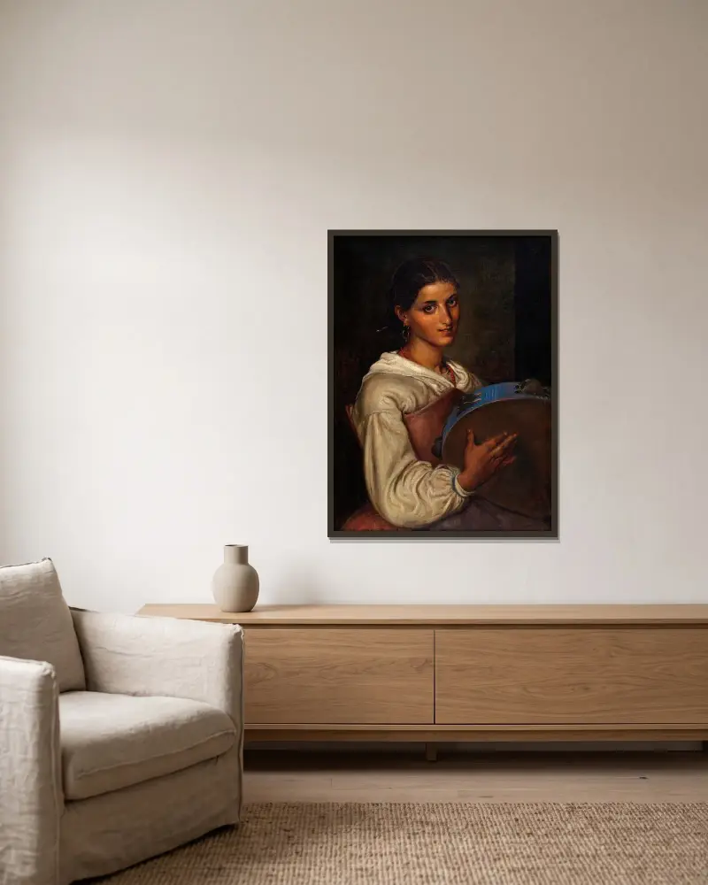Italienisches Mädchen mit blauem Tamburin von Wilhelm Marstrand gerahmt an einer Wand