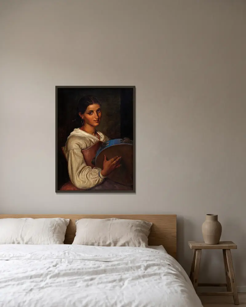 Italienisches Mädchen mit blauem Tamburin von Wilhelm Marstrand gerahmt an einer Wand