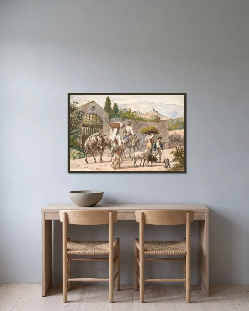 Bauern auf dem Weg nach Rom von Wilhelm Marstrand gerahmt an einer Wand