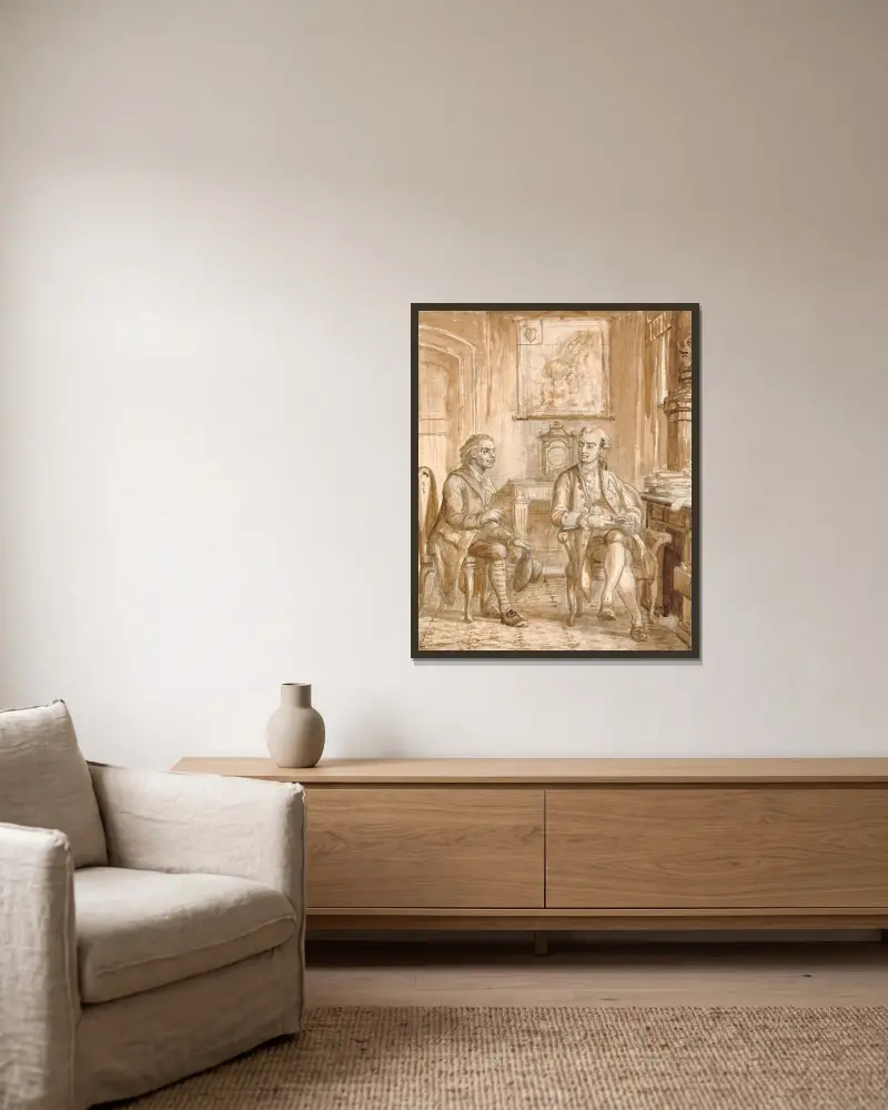 Minister Guldberg und Wessel von Wilhelm Marstrand gerahmt an einer Wand