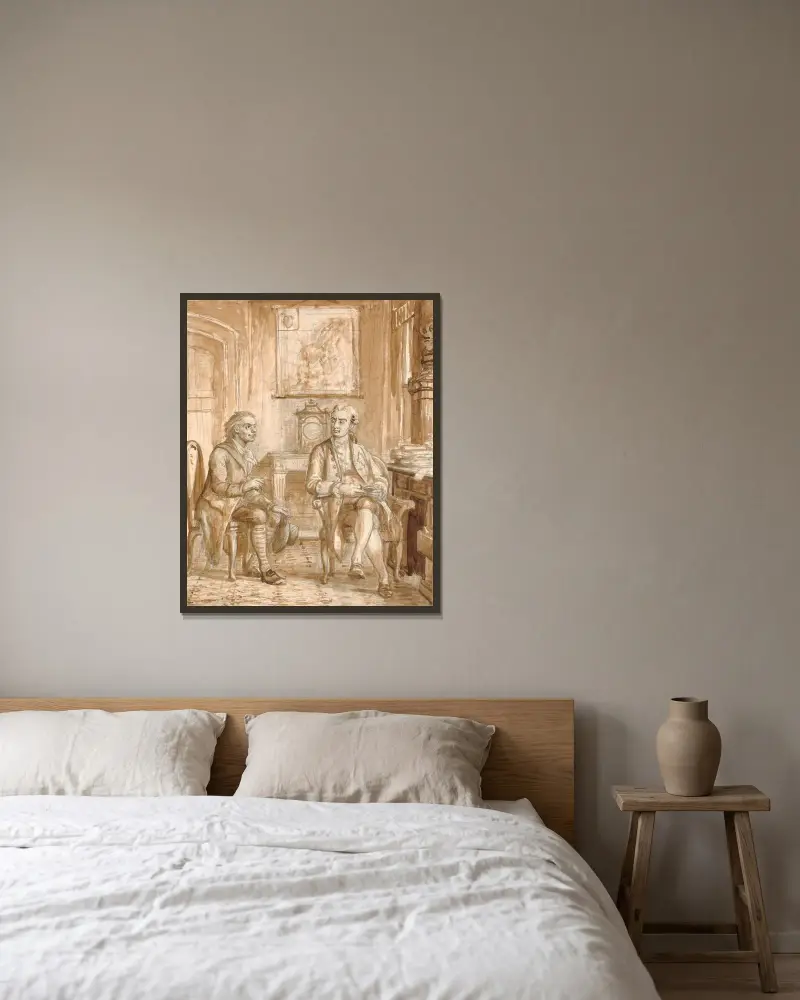 Minister Guldberg und Wessel von Wilhelm Marstrand gerahmt an einer Wand