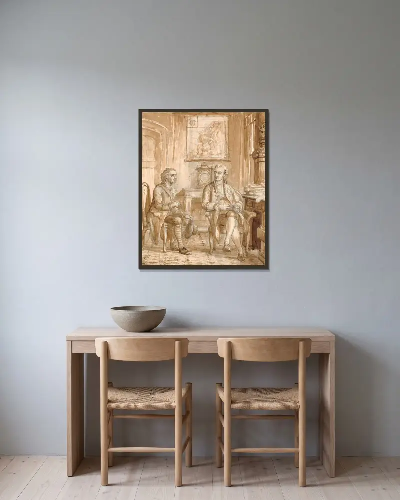 Minister Guldberg und Wessel von Wilhelm Marstrand gerahmt an einer Wand