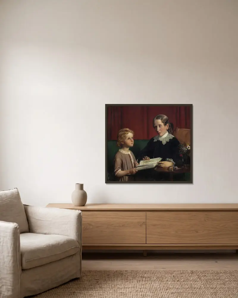 Fräulein Annette Hage (1814–1857) zeigt ihrem Neffen Hother Hage (1849–1904) ein Buch über Pflanzen von Wilhelm Marstrand gerahmt an einer Wand