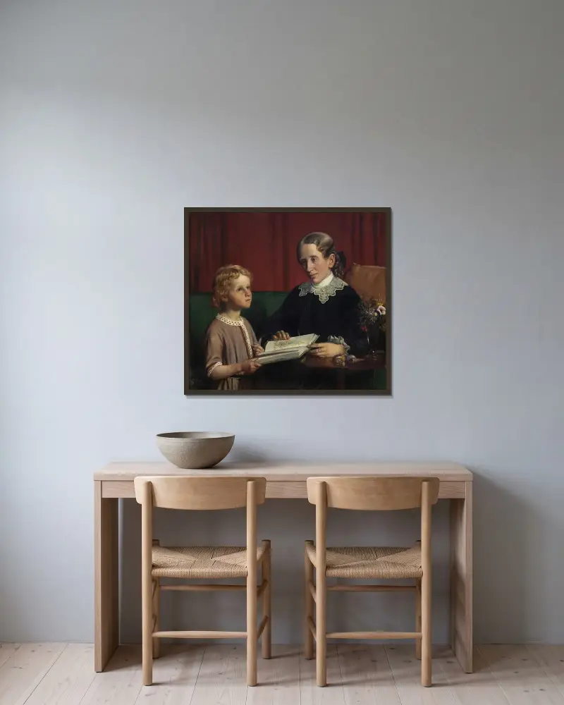 Fräulein Annette Hage (1814–1857) zeigt ihrem Neffen Hother Hage (1849–1904) ein Buch über Pflanzen von Wilhelm Marstrand gerahmt an einer Wand