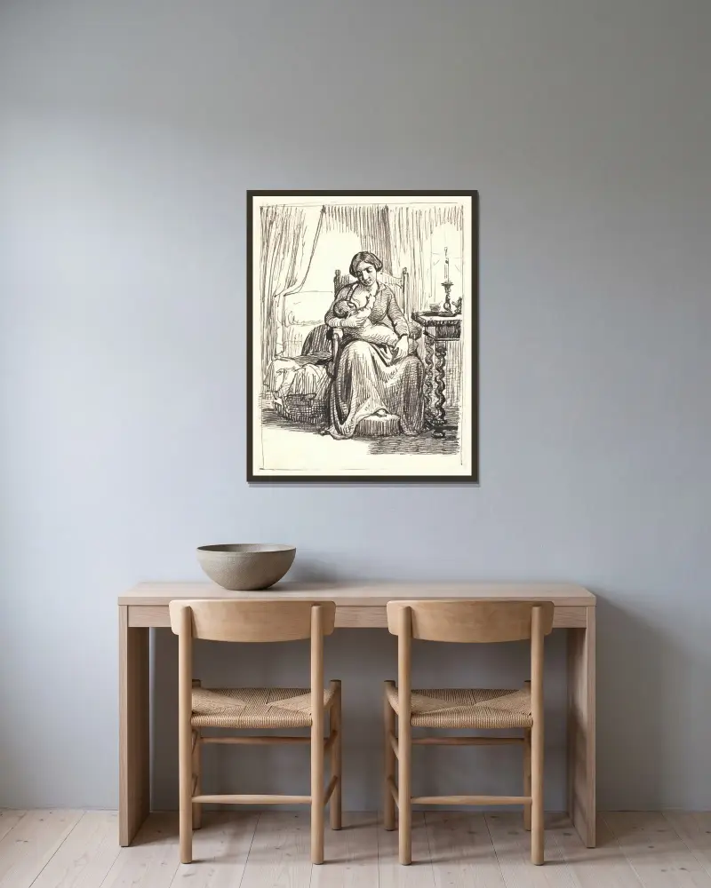 Mutter mit stillendem Kind, rechts ein brennendes Licht von Wilhelm Marstrand gerahmt an einer Wand
