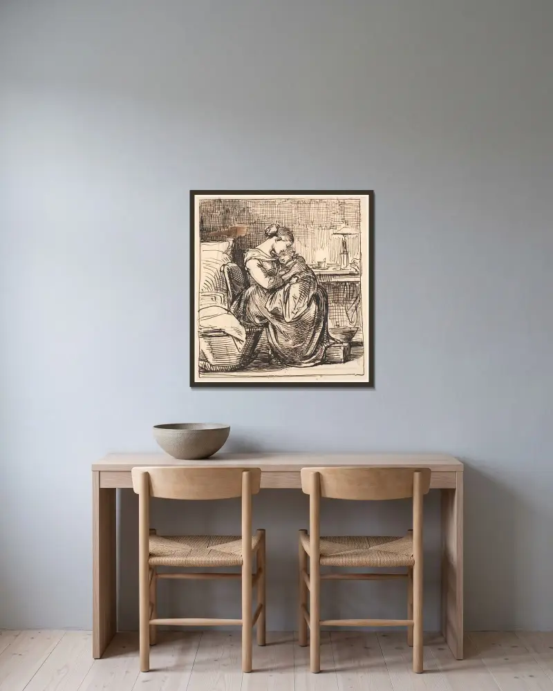 Matka ze śpiącym dzieckiem na kolanach w sypialni, Wilhelm Marstrand w ramie na ścianie