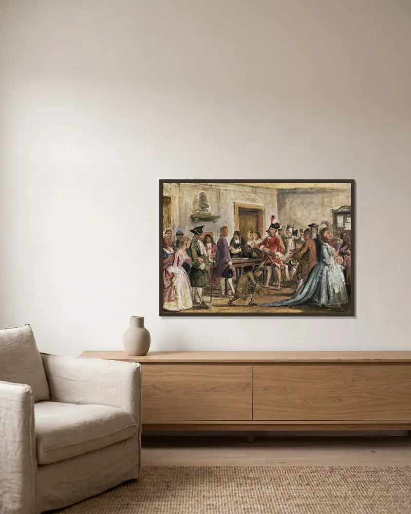 Philemon and his prosecutors. Scene from Det lykkelige skibbrud by Holberg, Act 5, Scene 9 (sketch for painting with the same subject, 1859) av Wilhelm Marstrand inramad på en vägg