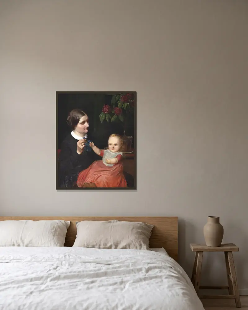 Porträt der Ehefrau des Künstlers mit dem Sohn Poul auf dem Schoß von Wilhelm Marstrand gerahmt an einer Wand