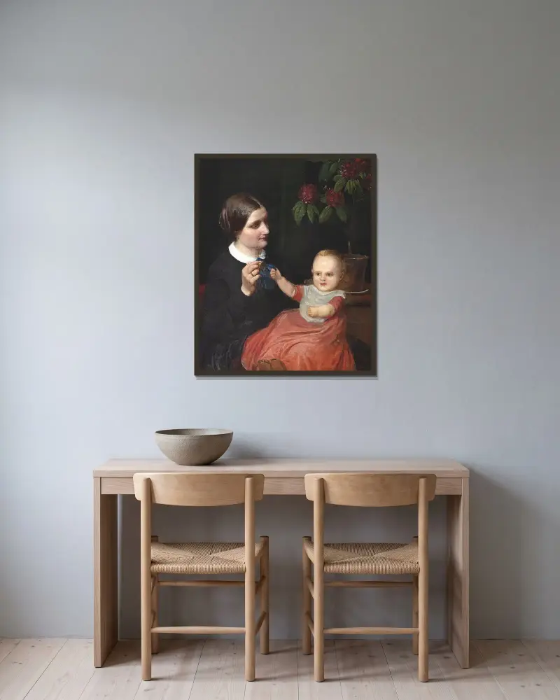 Porträt der Ehefrau des Künstlers mit dem Sohn Poul auf dem Schoß von Wilhelm Marstrand gerahmt an einer Wand