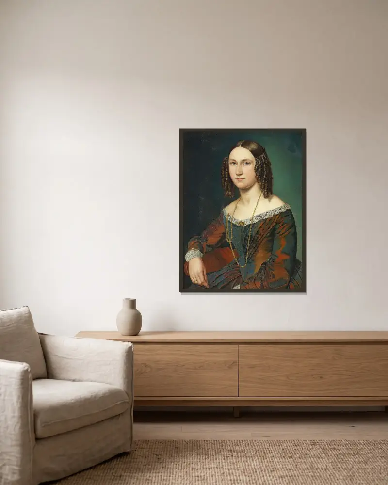 Porträt einer jungen Frau mit Schlangenlocken von Wilhelm Marstrand gerahmt an einer Wand