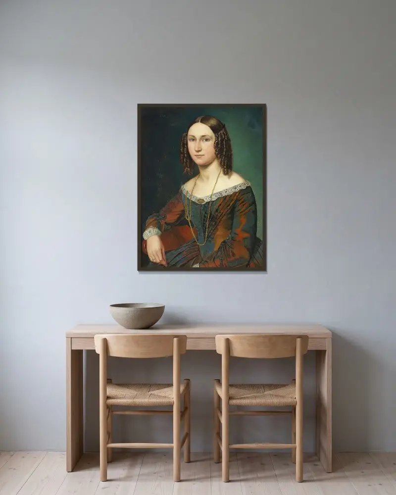 Porträt einer jungen Frau mit Schlangenlocken von Wilhelm Marstrand gerahmt an einer Wand