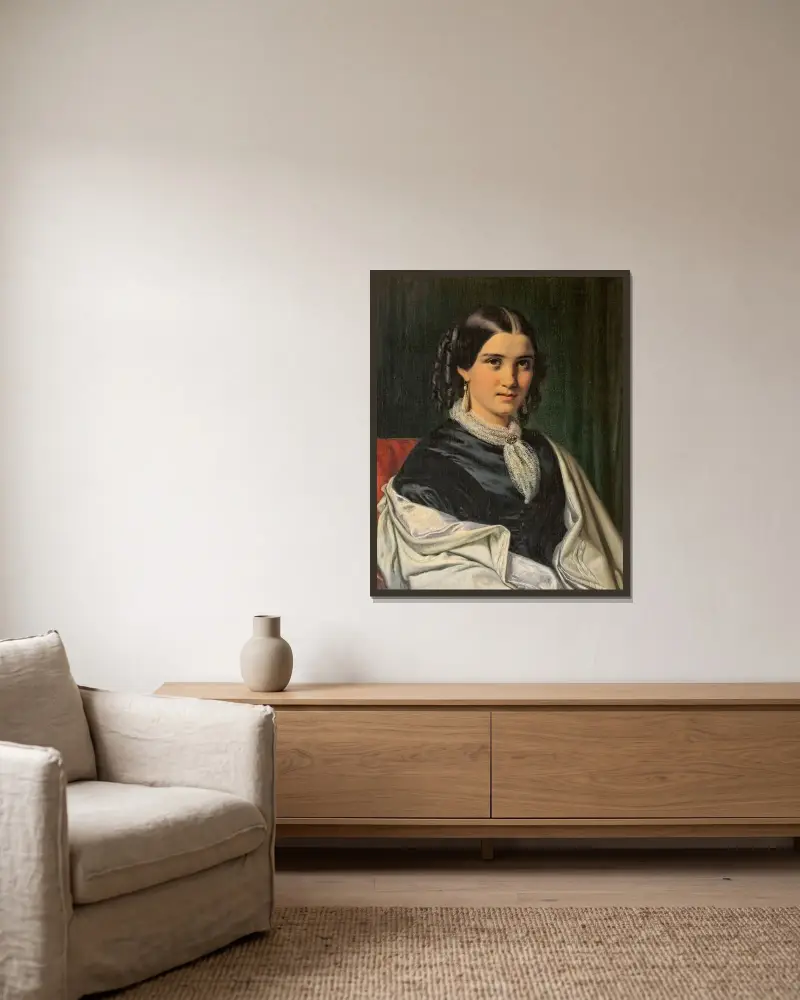 Porträt der Frau Vilhelmine Heise, geborene Hage (1838–1912) von Wilhelm Marstrand gerahmt an einer Wand