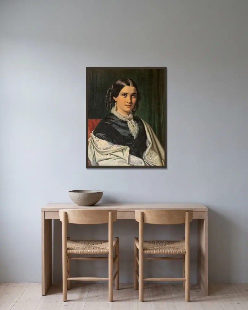 Porträt der Frau Vilhelmine Heise, geborene Hage (1838–1912) von Wilhelm Marstrand gerahmt an einer Wand