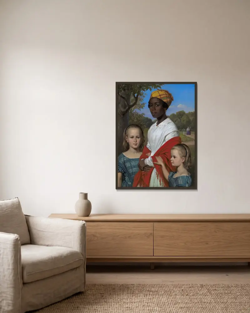 Portret dwóch córek Otto Marstranda i ich niani z Indii Zachodnich, Justiny Antoine, w ogrodach Frederiksberg pod Kopenhagą, Wilhelm Marstrand w ramie na ścianie