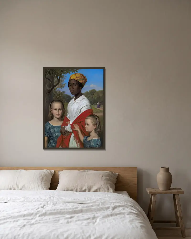 Portret dwóch córek Otto Marstranda i ich niani z Indii Zachodnich, Justiny Antoine, w ogrodach Frederiksberg pod Kopenhagą, Wilhelm Marstrand w ramie na ścianie