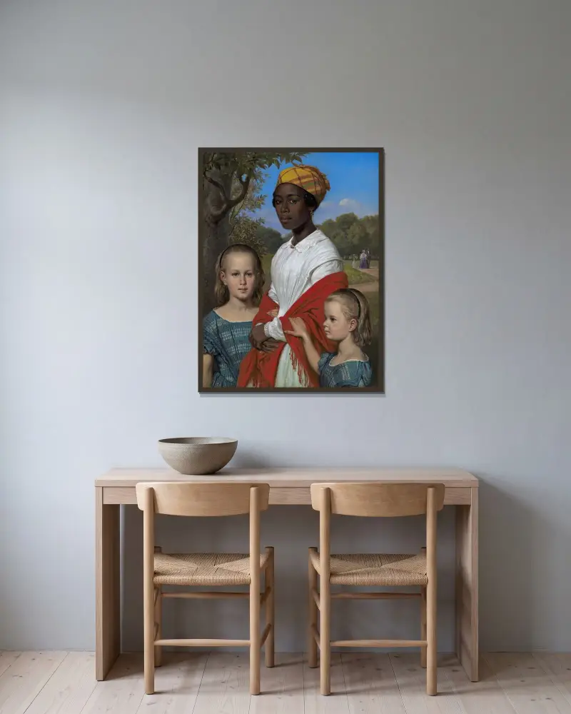 Portret dwóch córek Otto Marstranda i ich niani z Indii Zachodnich, Justiny Antoine, w ogrodach Frederiksberg pod Kopenhagą, Wilhelm Marstrand w ramie na ścianie