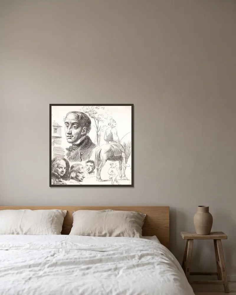 Probedruck in Stylografie mit Porträtköpfen, Bauer zu Pferd u. a. von Wilhelm Marstrand gerahmt an einer Wand