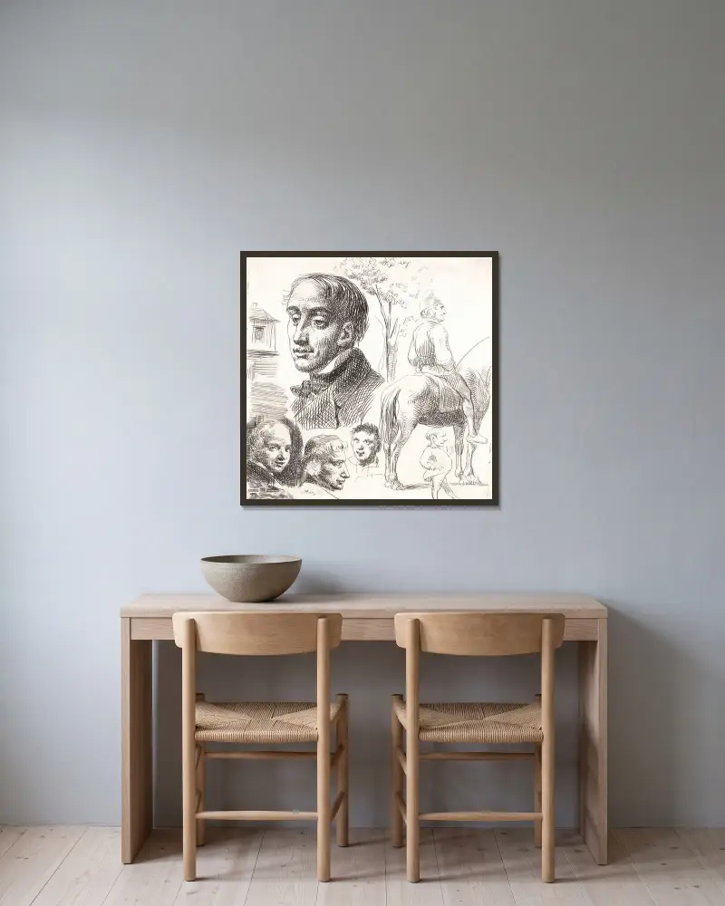 Probedruck in Stylografie mit Porträtköpfen, Bauer zu Pferd u. a. von Wilhelm Marstrand gerahmt an einer Wand