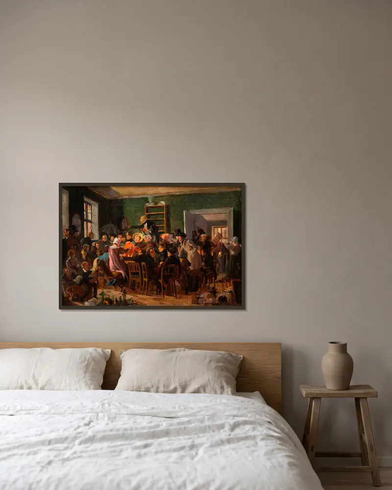 Szene aus einer Auktion von Wilhelm Marstrand gerahmt an einer Wand