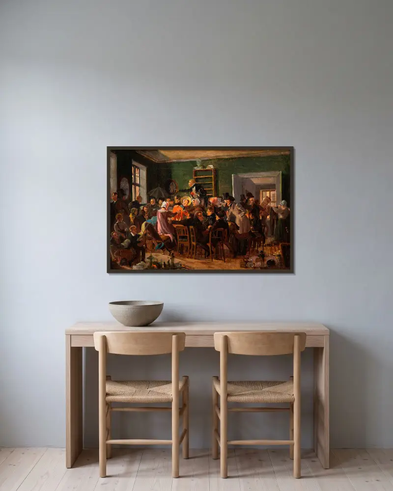 Szene aus einer Auktion von Wilhelm Marstrand gerahmt an einer Wand