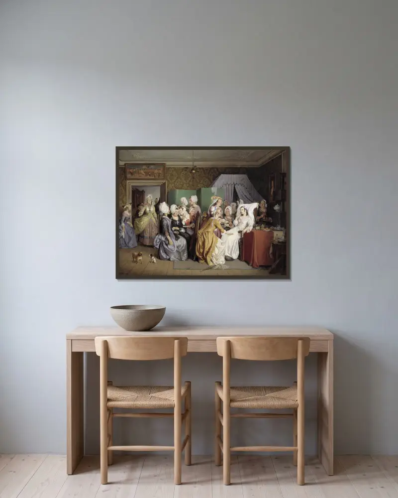 Scene from Ludwig Holberg’s The Lying-in Room av Wilhelm Marstrand inramad på en vägg