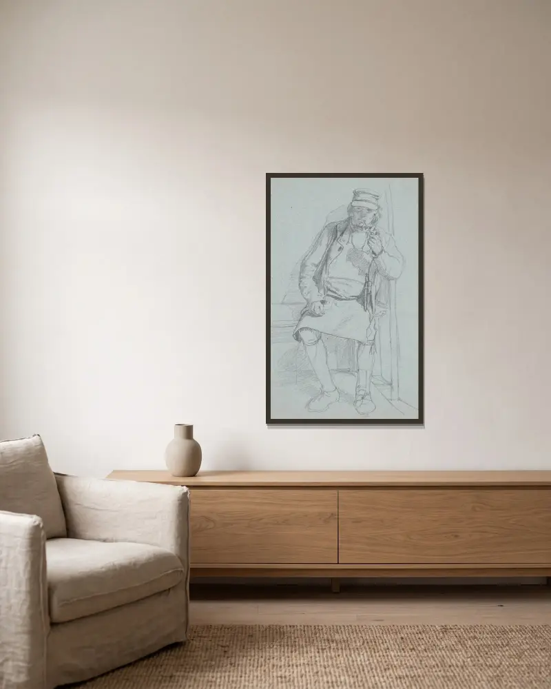 Sitzender schwedischer Bauer mit Schoßfell von Wilhelm Marstrand gerahmt an einer Wand