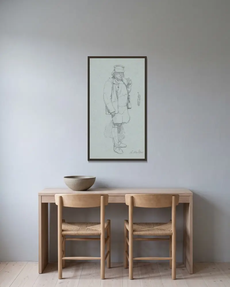 Stehender schwedischer Bauer von Wilhelm Marstrand gerahmt an einer Wand