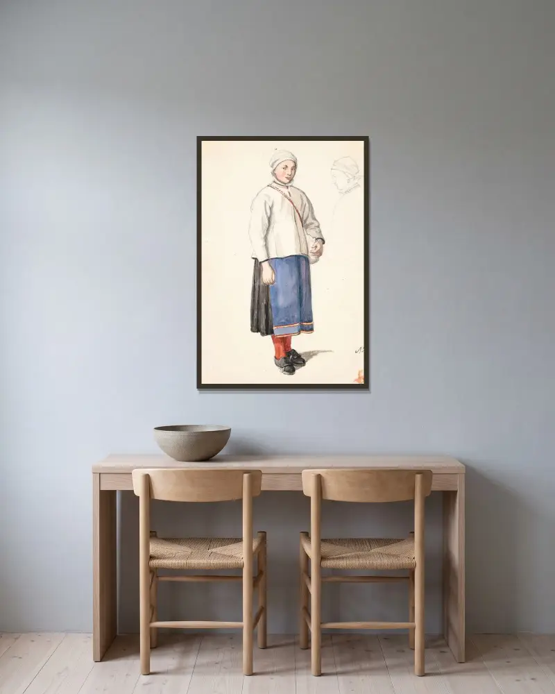 Stehende schwedische Bäuerin von Wilhelm Marstrand gerahmt an einer Wand