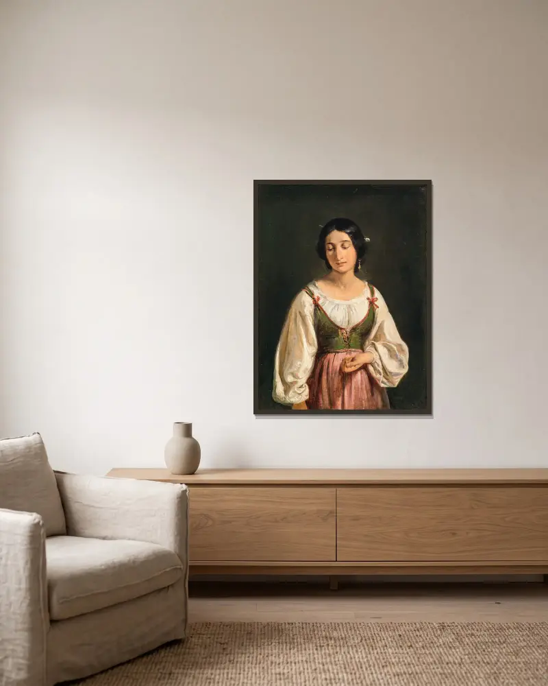 Standing Italian Woman. Study for A Goatherd Selling Milk av Wilhelm Marstrand inramad på en vägg