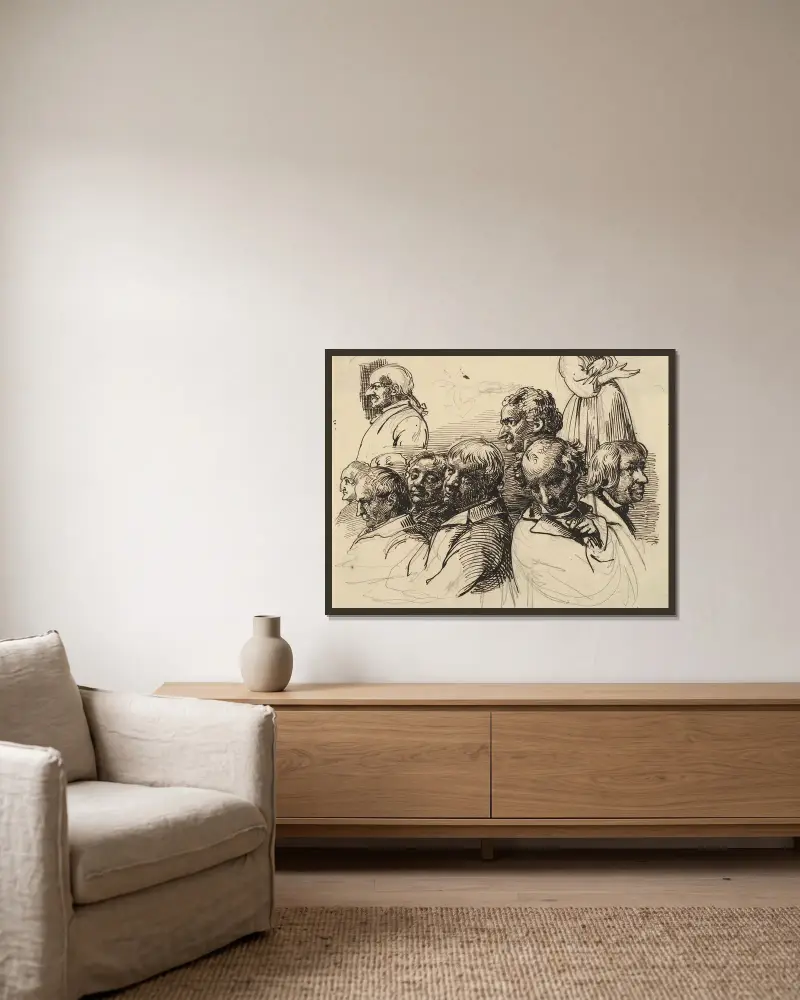 Studienblatt mit acht Männerköpfen und einer Frau ohne Kopf von Wilhelm Marstrand gerahmt an einer Wand