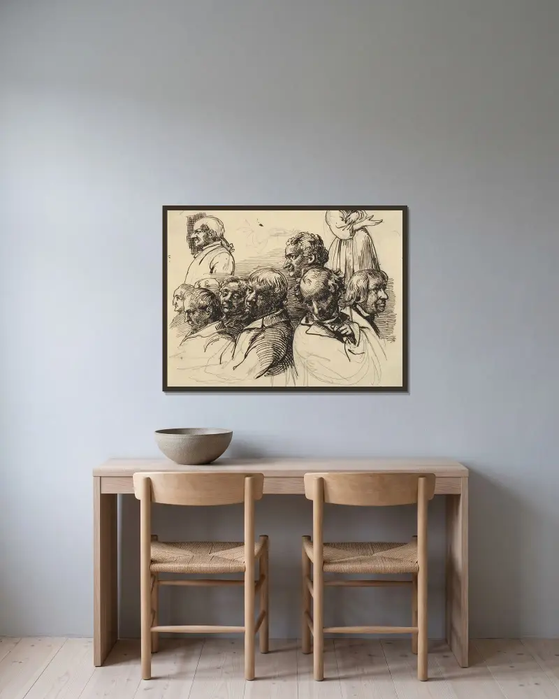 Studienblatt mit acht Männerköpfen und einer Frau ohne Kopf von Wilhelm Marstrand gerahmt an einer Wand