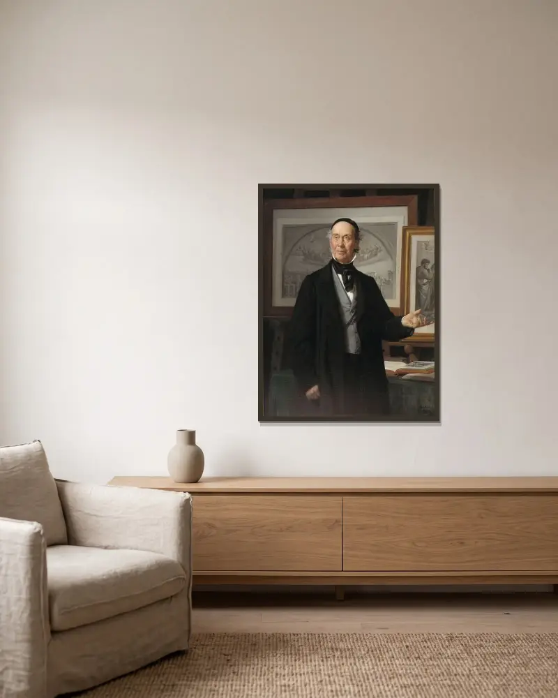 Der Kunsthistoriker Niels Lauritz Høyen, 1868 von Wilhelm Marstrand gerahmt an einer Wand