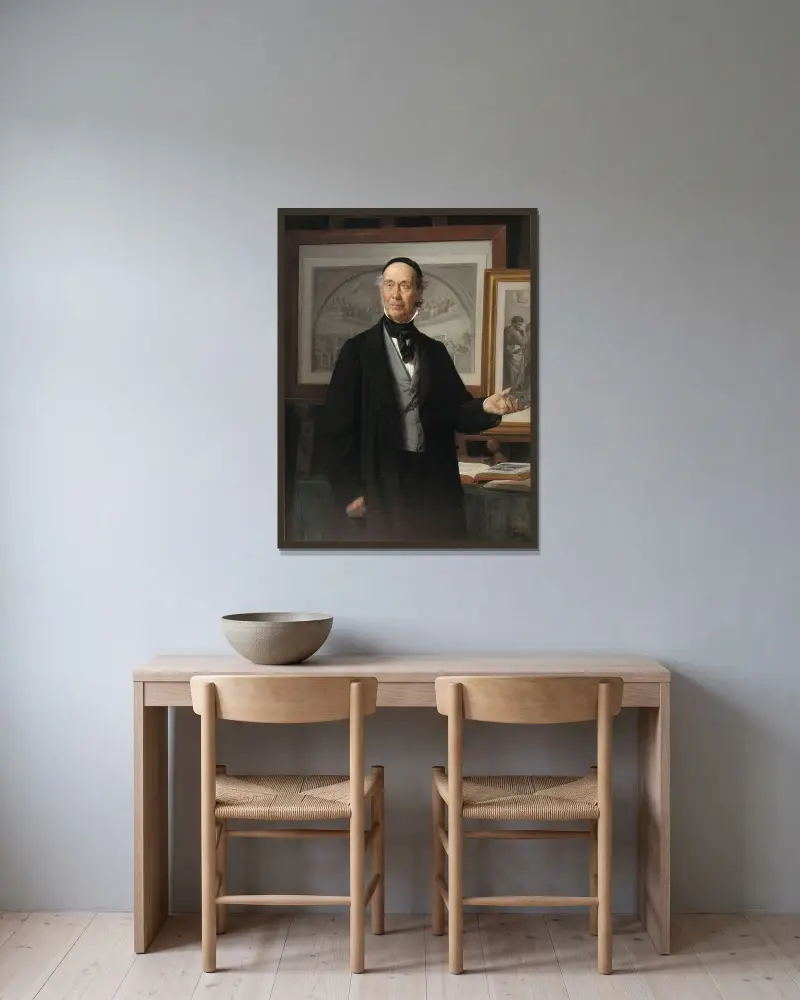 Der Kunsthistoriker Niels Lauritz Høyen, 1868 von Wilhelm Marstrand gerahmt an einer Wand