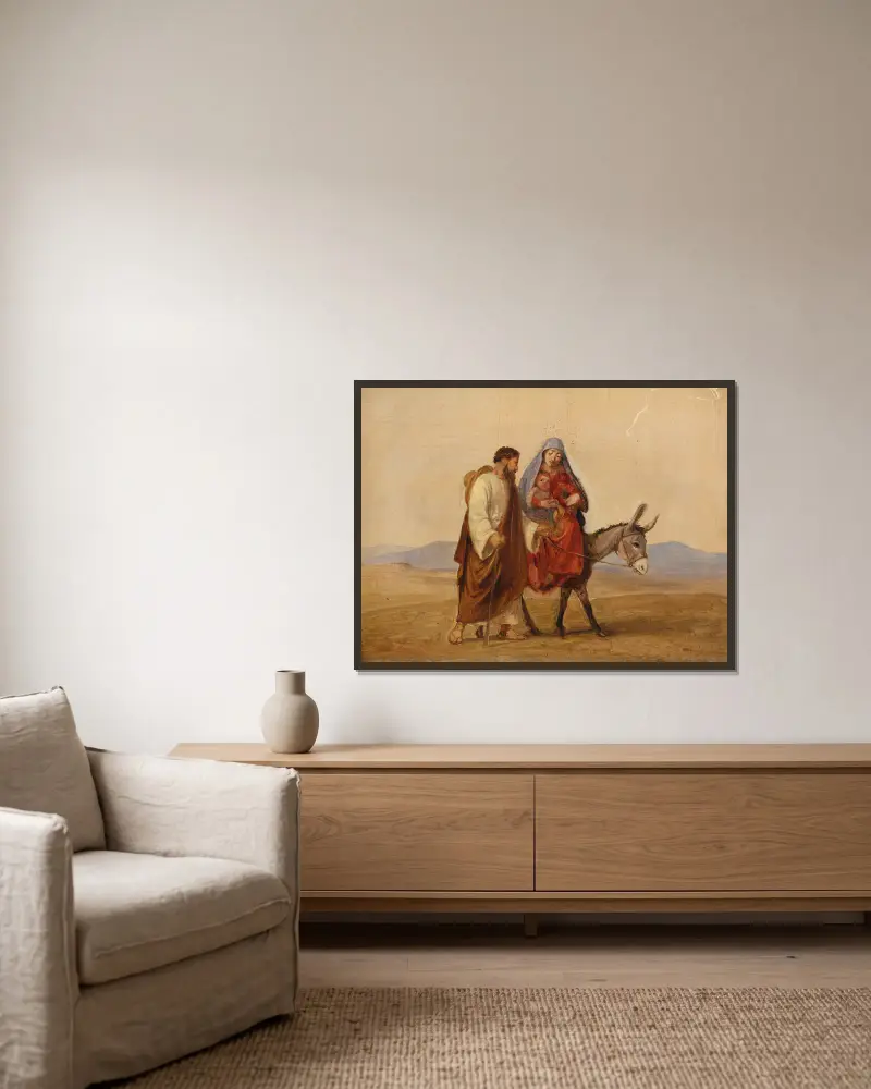 The Holy Family on the run. Sketch av Wilhelm Marstrand inramad på en vägg