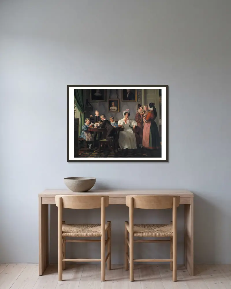 The Waagepetersen Family av Wilhelm Marstrand inramad på en vägg