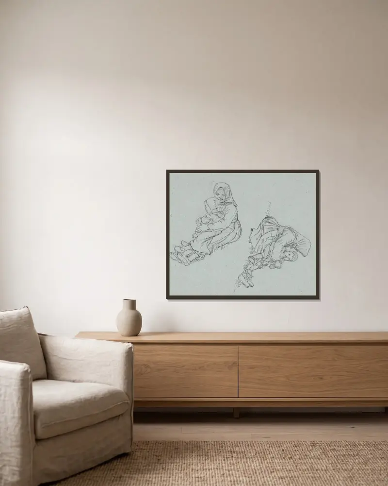 Zwei Studien eines schwedischen Mädchens mit einem Kind auf dem Schoß von Wilhelm Marstrand gerahmt an einer Wand