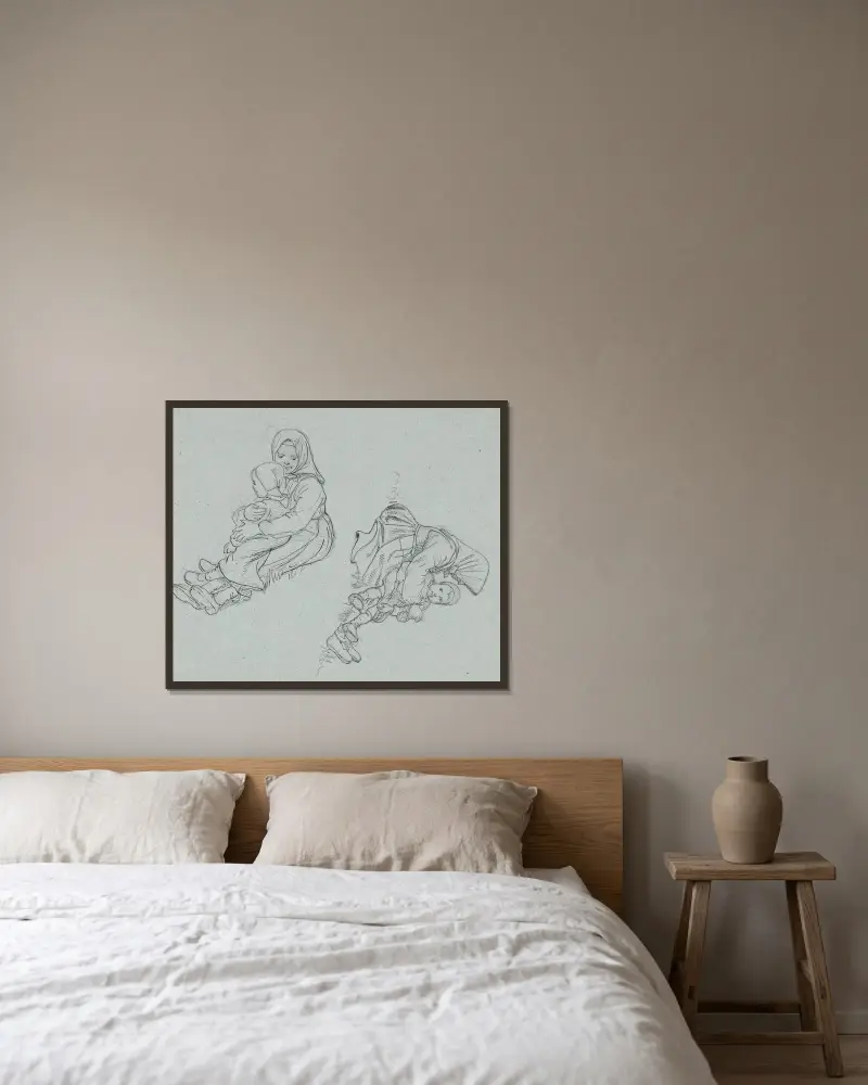 Zwei Studien eines schwedischen Mädchens mit einem Kind auf dem Schoß von Wilhelm Marstrand gerahmt an einer Wand