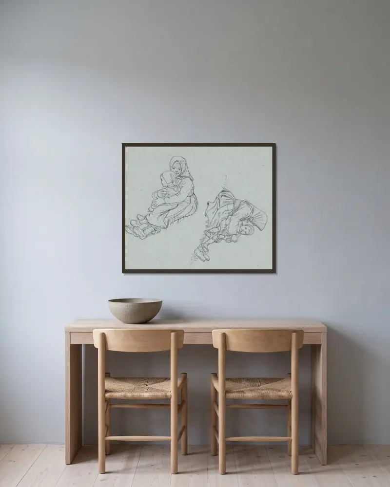Zwei Studien eines schwedischen Mädchens mit einem Kind auf dem Schoß von Wilhelm Marstrand gerahmt an einer Wand