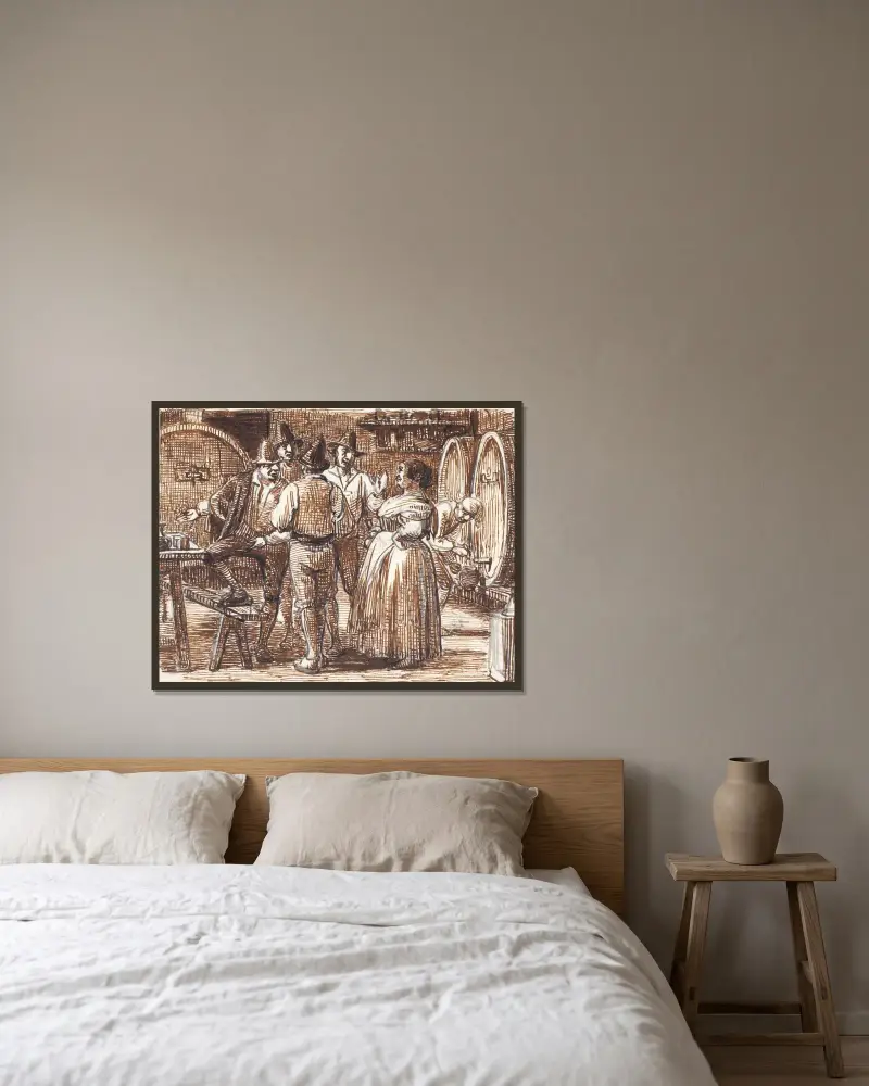 Der Wein wird im Keller geprüft von Wilhelm Marstrand gerahmt an einer Wand