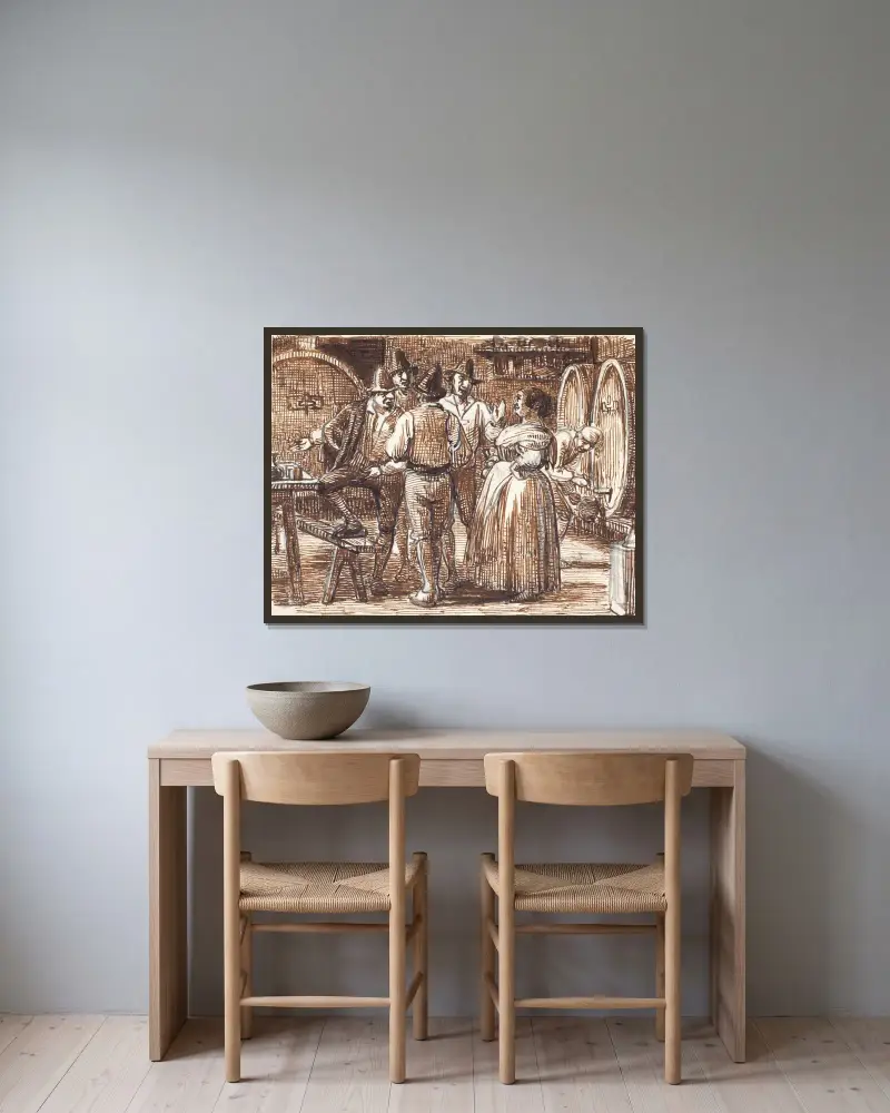 Der Wein wird im Keller geprüft von Wilhelm Marstrand gerahmt an einer Wand