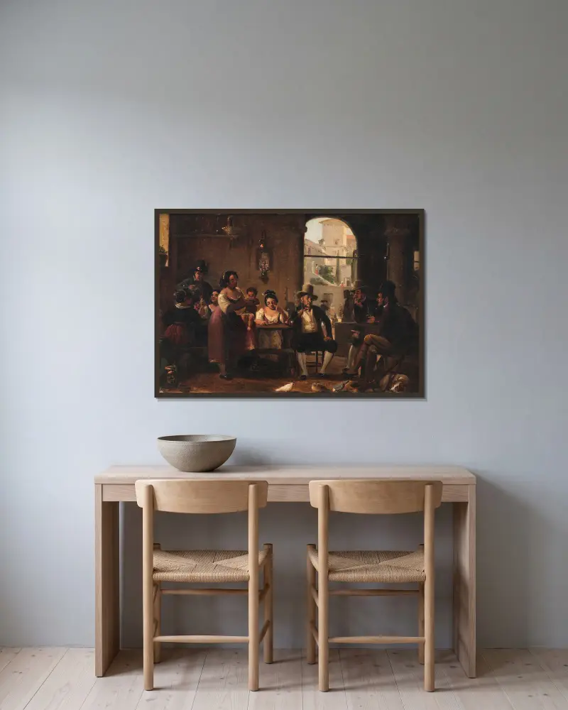 Från en romersk osteria. Pipa-rökande jägare och italienska kvinnor av Wilhelm Marstrand inramad på en vägg