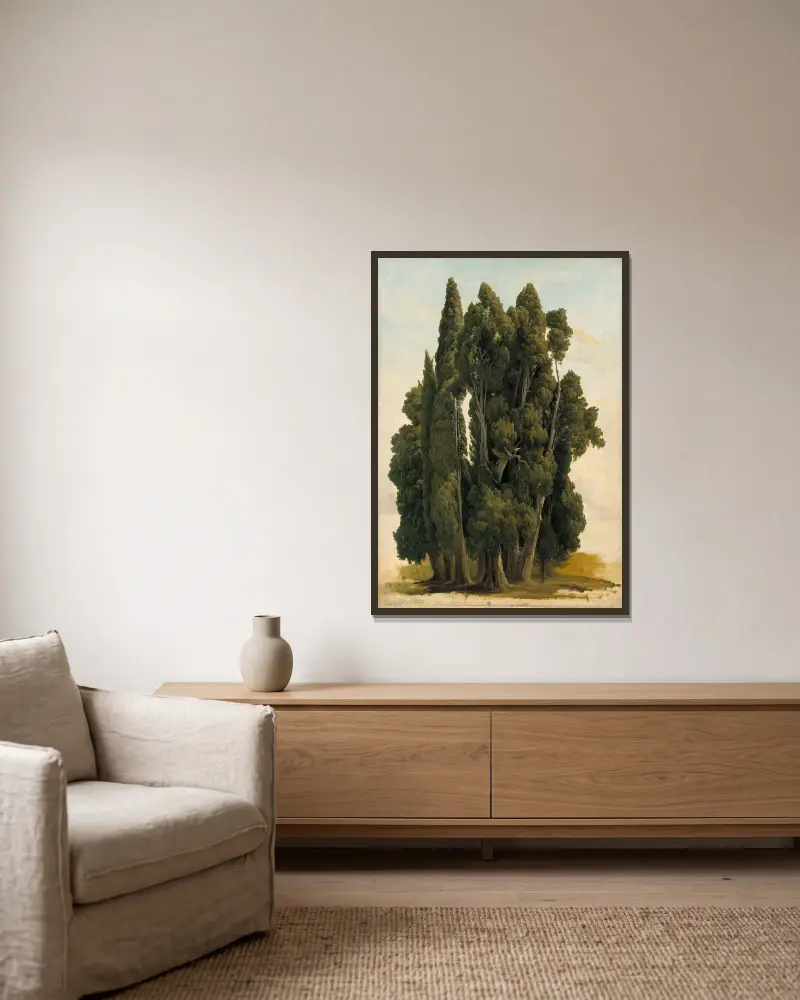 Cypresses. Study av Gustaf Wilhelm Palm inramad på en vägg