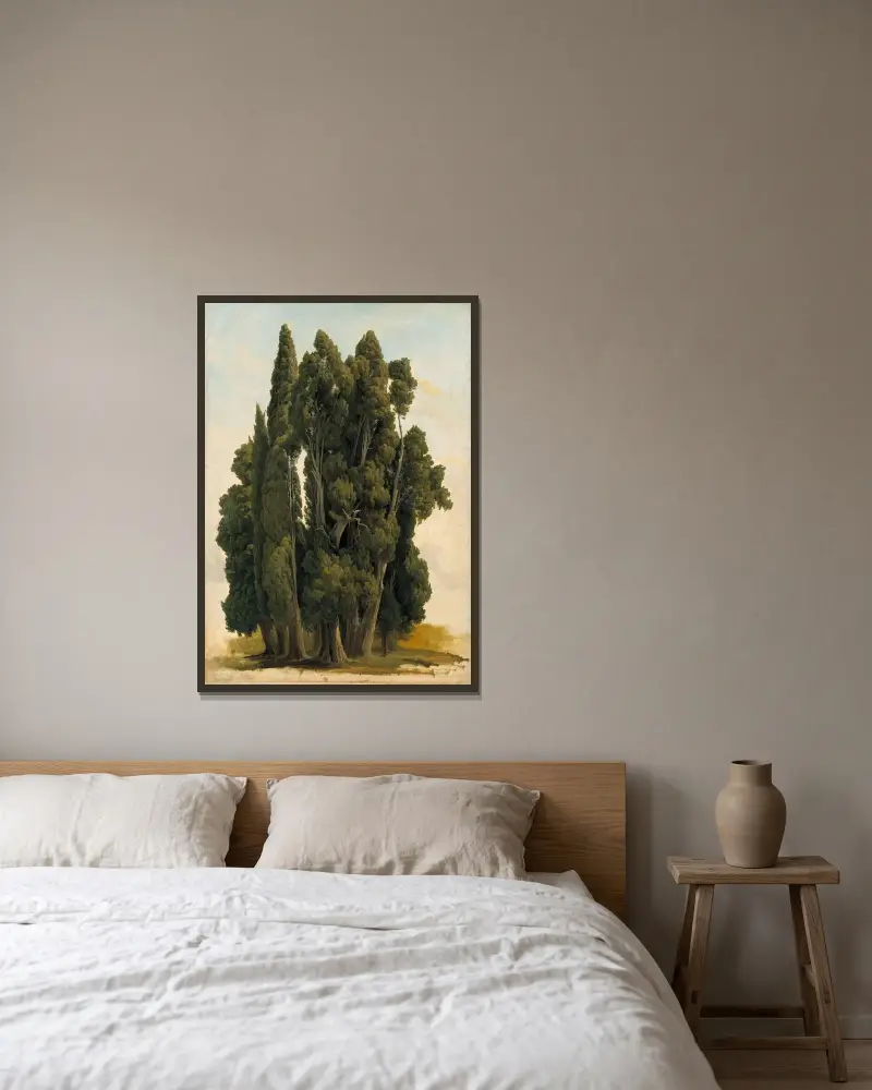 Cypresses. Study av Gustaf Wilhelm Palm inramad på en vägg